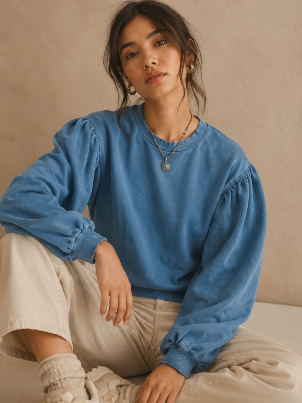 Bellerose Green Blue Puff Sleeve Balloon Sweatshirt Size 3